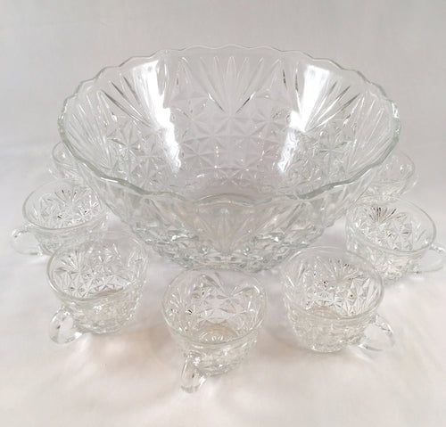 Clear Glass Punch Bowl with 12 Glass Cups