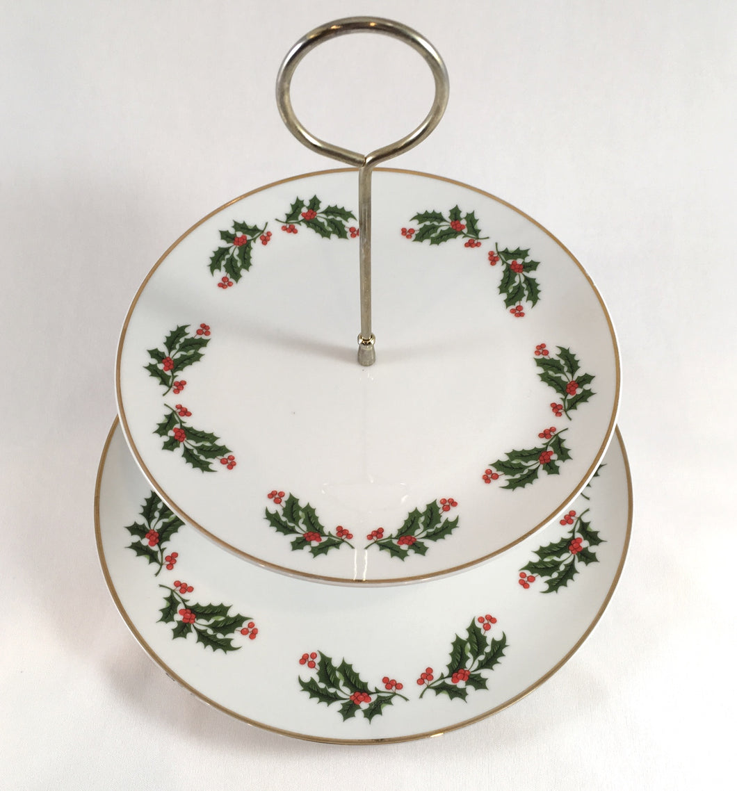 Holly-Patterned Two-Tier Serving Platter