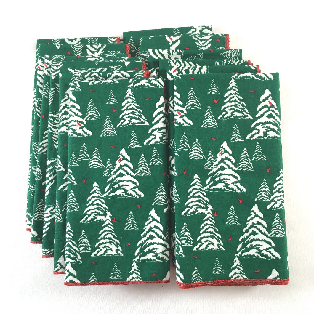 Green Christmas Napkins with Red Birds and White Trees (Set of 12)