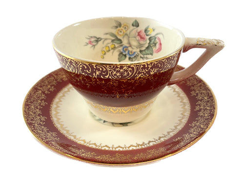 Maroon and Gold Rimmed Rose China Cup and Saucer
