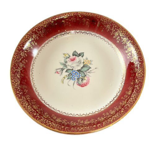 Maroon and Gold Rimmed Rose China Soup Bowl