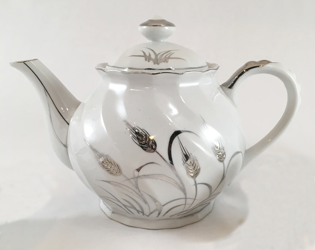 White China Teapot, Wheat Motif