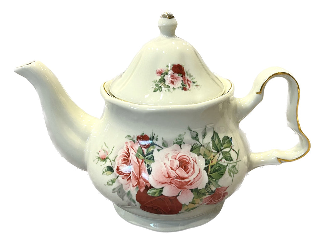 White Ceramic Teapot with Roses