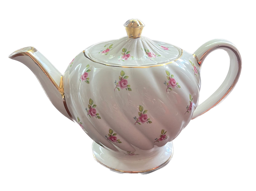 Gold-Rimmed White China Teapot, Rose Pattern