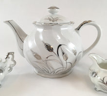 Load image into Gallery viewer, White China Teapot with Sugar Dish and Creamer, Wheat Motif
