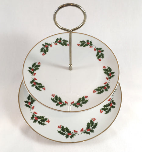 Holly-Patterned Two-Tier Serving Platter
