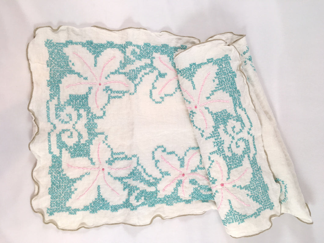 Mint Green and Pink Flower Embroidered Table Runner