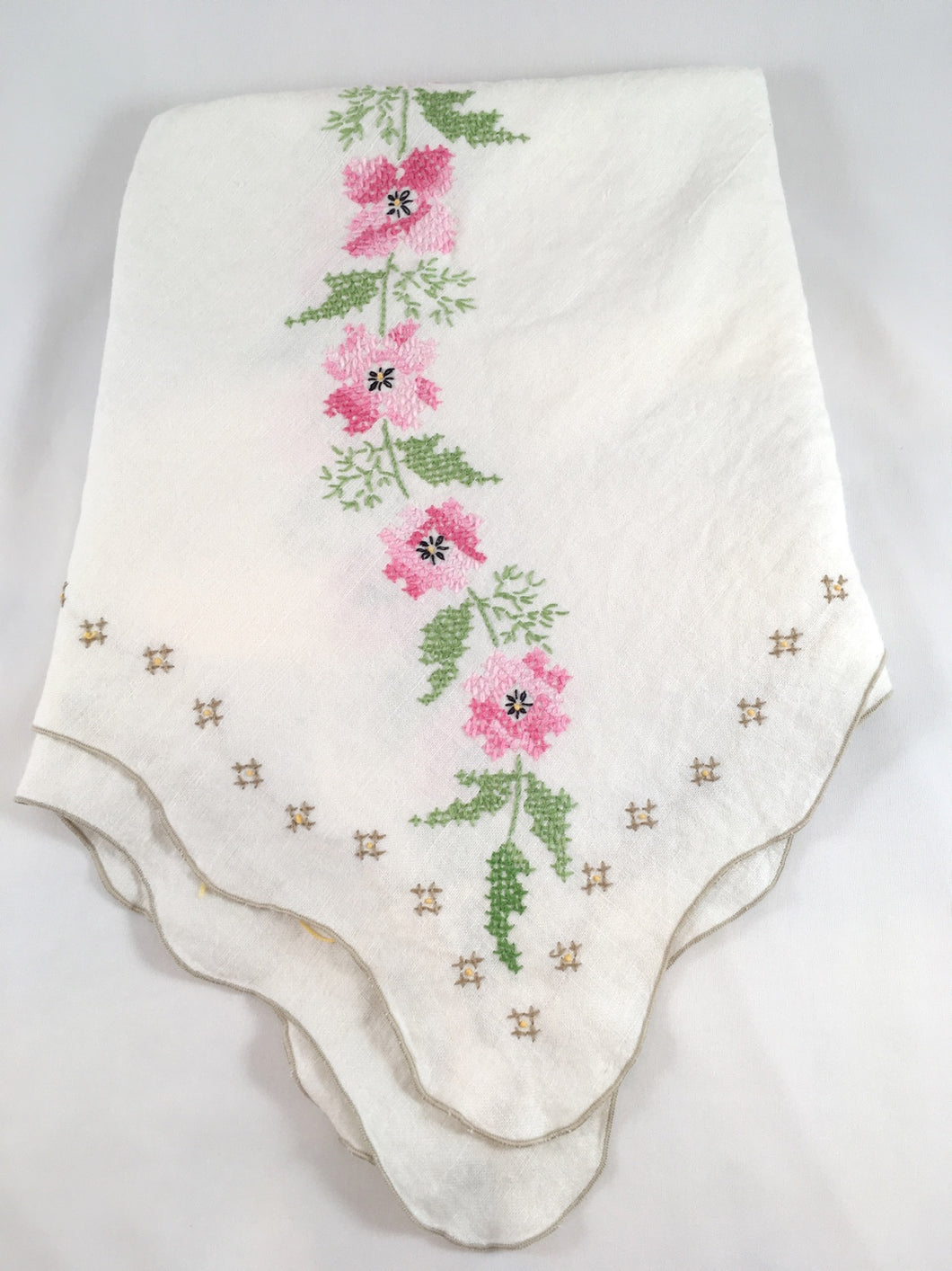 Pink Flower Embroidered Square Linen Tablecloth
