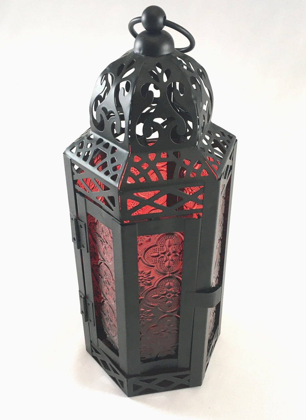 Metal Lantern with Red Glass