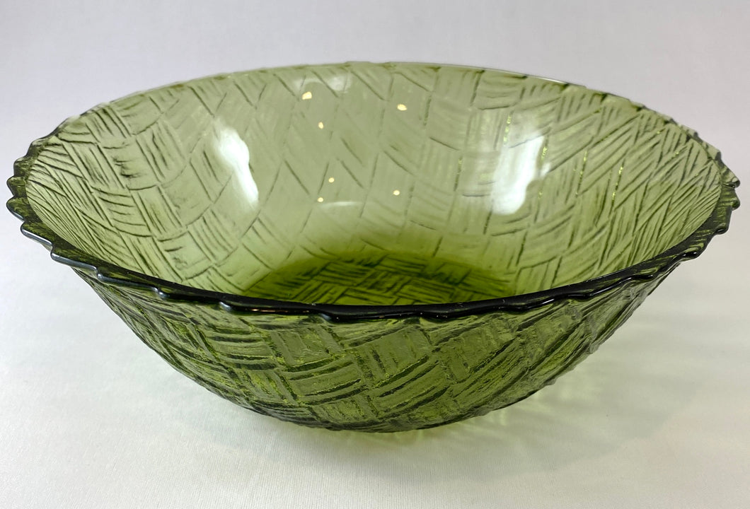 Green Glass Serving Bowl with Woven Design