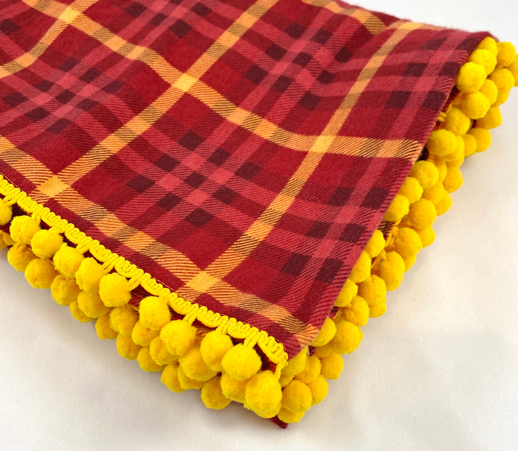 Red Plaid Tablecloth with Yellow Pompom Trim