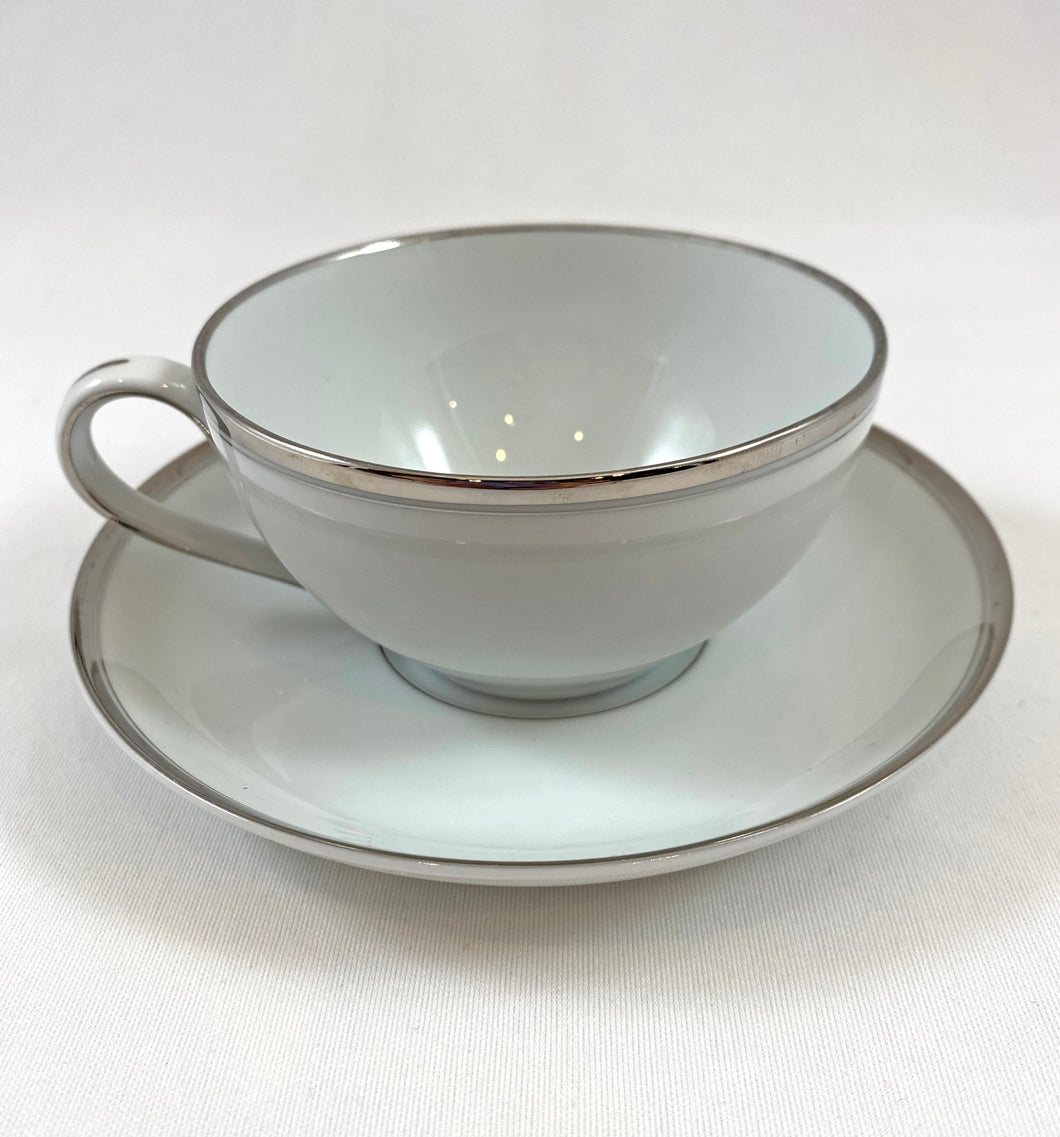 China Cup and Saucer Set, White with Platinum Rims