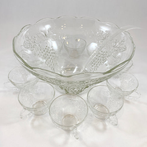 Clear Glass Punch Bowl Set with Fruit Motif