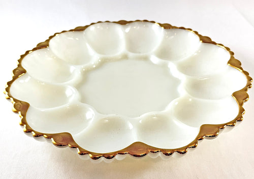 Milk Glass Egg Plate with Gold Trim