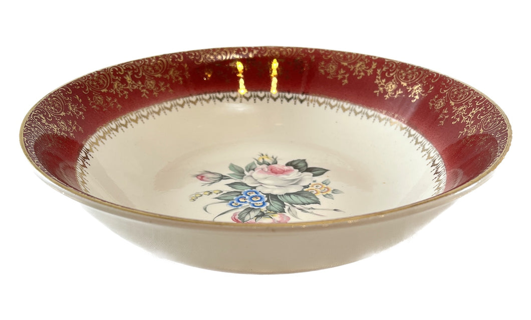 Maroon and Gold Rimmed Rose China Dessert Bowl