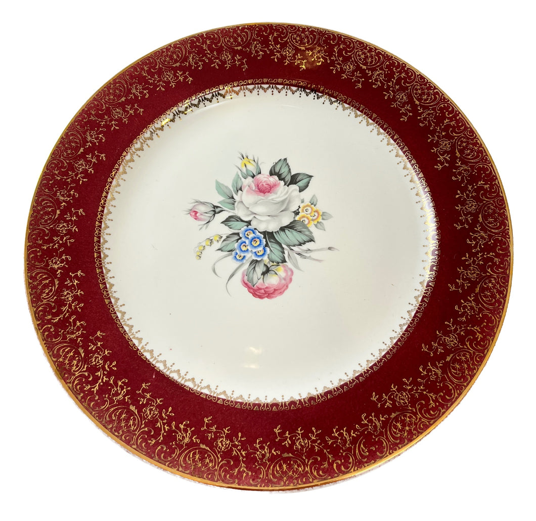 Maroon and Gold Rimmed Rose China Dinner Plate