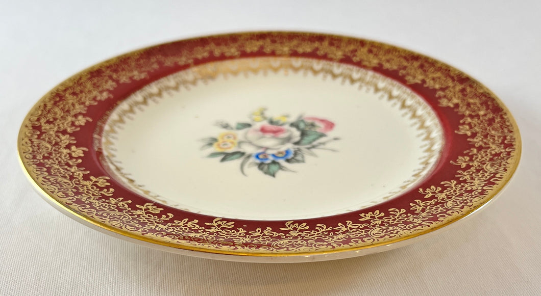 Maroon and Gold Rimmed Rose China Bread Plate