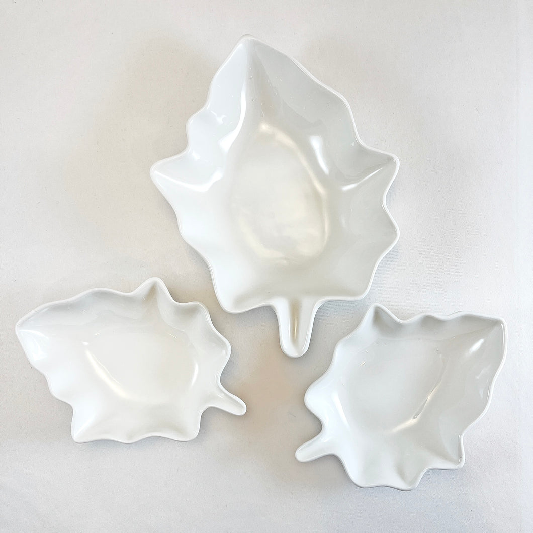 White Ceramic Leaf Bowls (Set of 3)