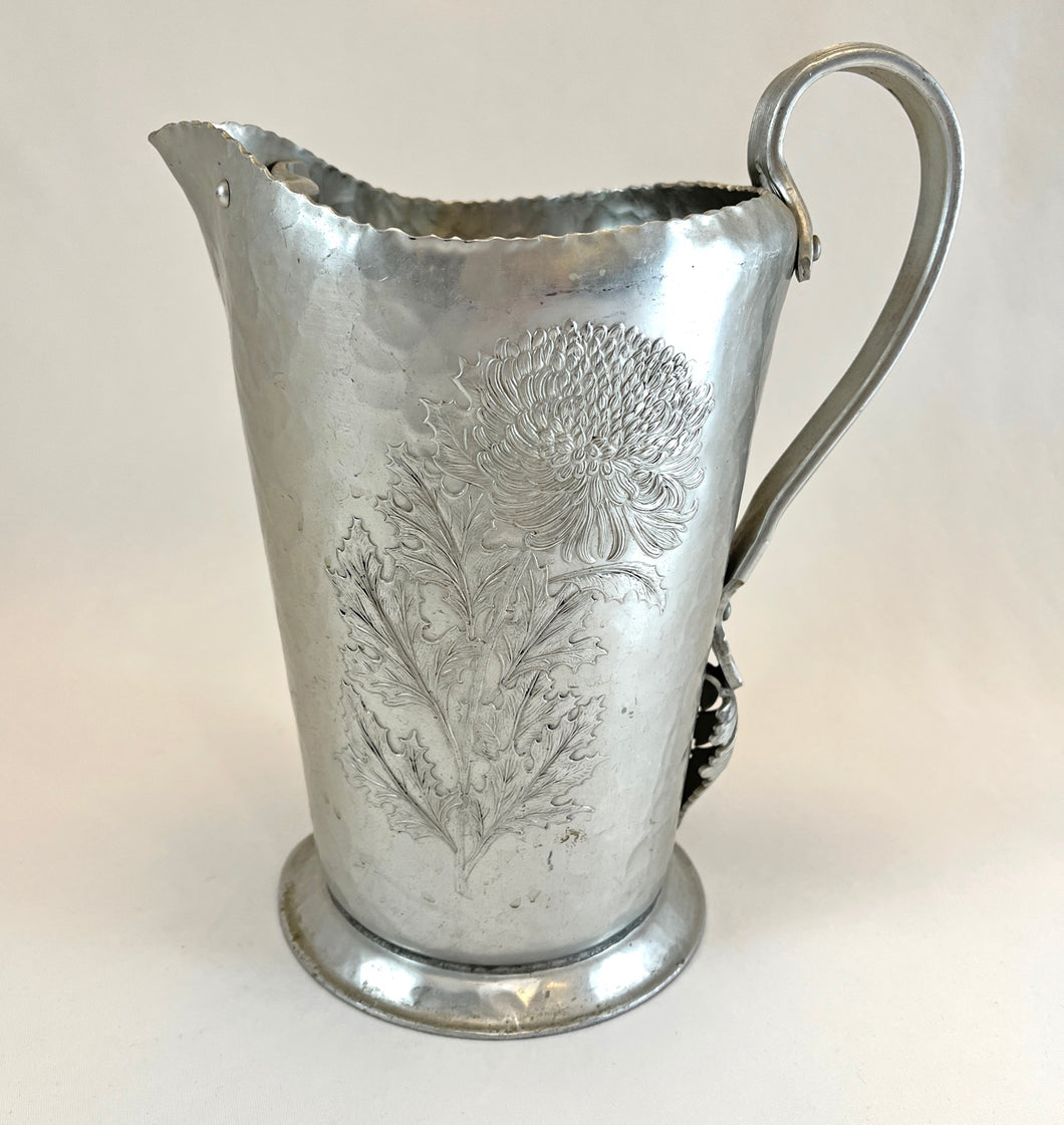 Metal Pitcher Vase with Floral Design